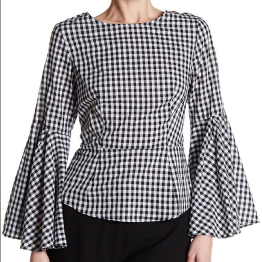 Bell sleeve gingham tie back top